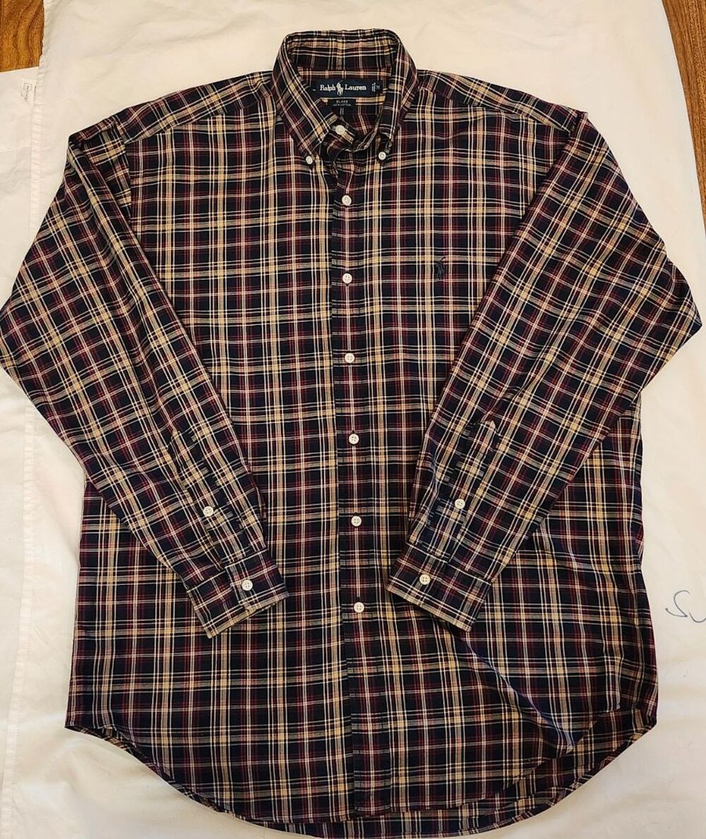 Vintage Polo Ralph Lauren Blake Shirt Medium M Blue Plaid Check Button Down VTG